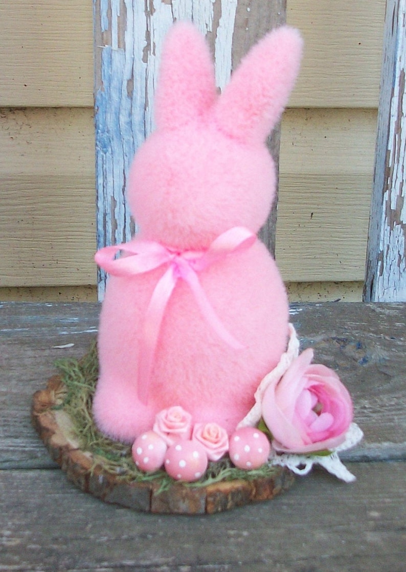 Flocked Pink Rabbit Decor With Roses Poppies and Mushroom - Etsy