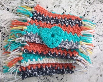 Hand Crochet Mug Rugs Set of 4  4" x 5" Plus Fringe