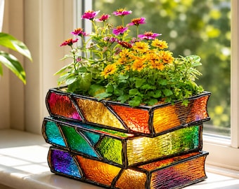 Maceta de resina con forma de libro, maceta colorida con forma de libros apilados, jarrón arcoíris con forma de libro, maceta literaria para suculentas, decoración para amantes de los libros, regalo para lectores.