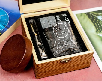 Custom Whiskey Glass Set with Wooden Box | Personalized Family or Company Logo