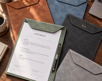 May include: Five rectangular document folders in tan, blue, dark grey, sage green, and light grey, each featuring a flap with gold-embossed initials. The sage green folder holds a white contract document and a black pen in a side loop.