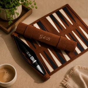Personalized Leather Backgammon Set, Roll Up Travel Backgammon Board, Portable Game Set, Groomsmen Gift for Men, Custom Initial Gift