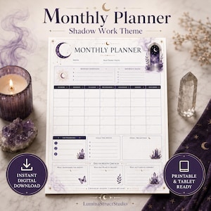 May include: A white monthly planner page with a shadow work theme, featuring purple celestial graphics, a calendar grid, sections for intentions, dates, priorities, goals, and end-of-month check-in prompts. The text includes Monthly Planner, Shadow Work Theme, and various headers.