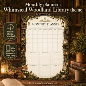 May include: A monthly planner page featuring a woodland library theme with a calendar grid, sections for goals, important dates, to-do lists, top priorities, and notes. The design includes illustrations of a fox and rabbit reading books.