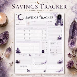 May include: A white savings tracker sheet with a shadow work theme, featuring purple celestial graphics, moon phases, and crystal illustrations. The document includes sections for savings goals, deposit tracking, progress, and monthly reflections.