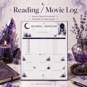 以下が含まれることがあります： 紫色のクリスタル、月、星をあしらった天体テーマのReading / Movie Log印刷用プランナーページ。タイトル、著者、監督、評価、メモを記録するセクションがあり、キャンドルや蝶の装飾的なイラストが描かれています。