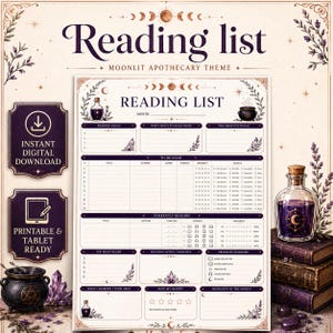 May include: A digital reading list planner page with a moonlit apothecary theme. The document features sections for reading goals, a to-be-read list, currently reading progress, notes, and monthly highlights, decorated with illustrations of potion bottles.