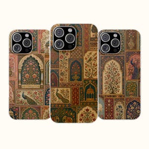 May include: Three smartphone cases featuring a repeating pattern of rectangular panels. Each panel displays intricate illustrations of Mughal-style architecture, blooming floral trees, peacocks, and elephants in rich tones of gold, blue, and green.