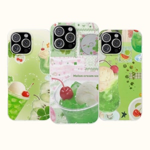 May include: Three smartphone cases featuring a collage design with a light green color palette. The graphics include illustrations of melon cream soda floats with cherries, sliced fruit, and the text Melon cream soda on the center case.