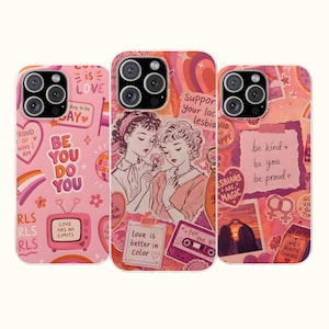 May include: Three smartphone cases featuring pink and orange collage designs. The cases display illustrations of two people, retro televisions, cassette tapes, and text including 'be you do you', 'love is love', and 'be kind, be you, be proud'.