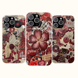 Puede incluir: Tres fundas de teléfono con un diseño de collage en tonos rojos, adornadas con flores, mariposas y elementos vintage. Las fundas incluyen texto como "Shakespeare's", "My Love" y "Carnival Heart".