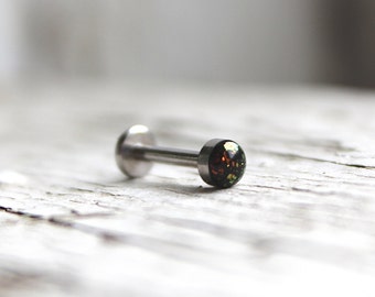 18g or 16g - Black Opal Internally Threaded Labret Stud; 1.5mm, 2mm, 2.5mm, 3mm, 4mm, 5mm Gems; 5/32", 1/4", 5/16", 3/8", 15/32",