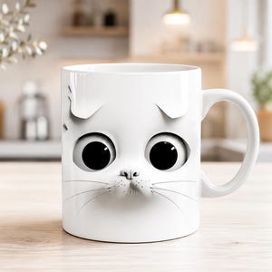 3D-sarkastiskt kattansikte muggomslag, grinig vit kattunge PNG, roligt djur sublimeringsdesign, 11oz 15oz kaffekoppmall digital nedladdning