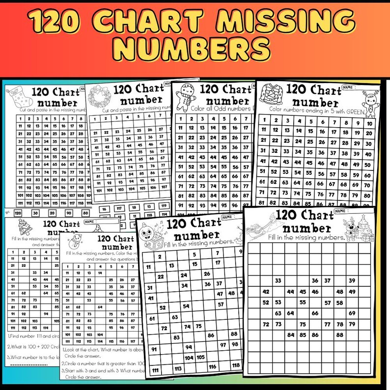 Christmas 120 Chart Missing Numbers Worksheets, 1st Grade Math ...