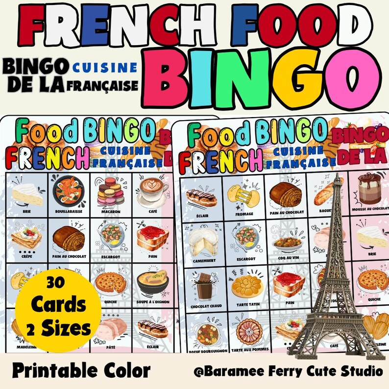French Food Bingo Game Printable, France Vocabulary Activity, Paris ...