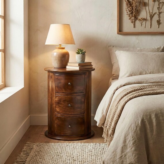 Solid Mango Wood Drum Chest, Round Bedside Table With 3 Drawers