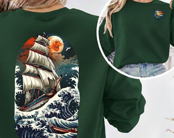 Sudadera vintage con cuello redondo y estampado de olas de barco, sudadera con capucha de arte náutico oceánico