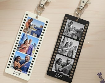 Aangepaste sleutelhanger met fotostrip, gepersonaliseerde sleutelhanger met filmfoto, cadeau voor stel, jubileum of valentijnscadeau voor hem of haar, filmfotocadeau