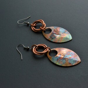 Phoenix Feather Bohemian Copper Earrings, Chainmail Long Copper Dangle Earrings, Colored Feather Earrings Copper, Metal Feather Earrings image 2