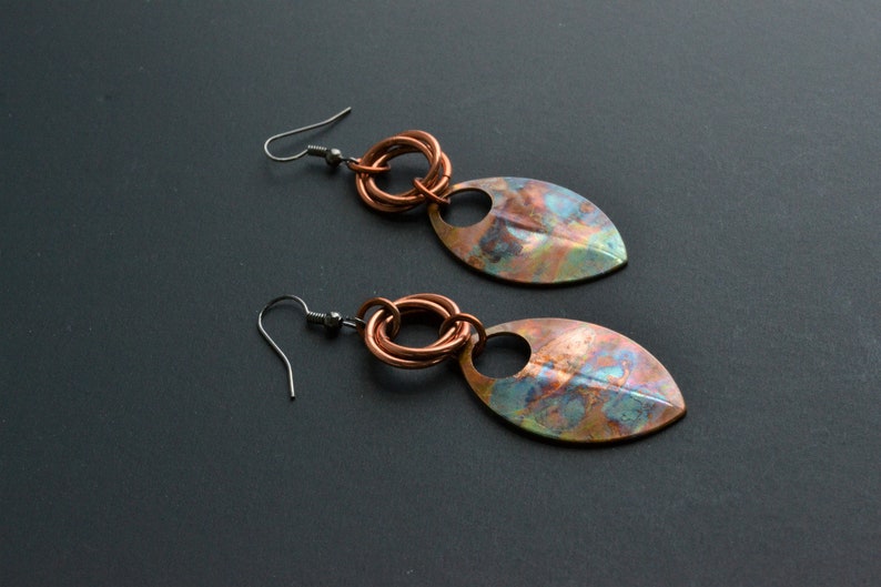 Phoenix Feather Bohemian Copper Earrings, Chainmail Long Copper Dangle Earrings, Colored Feather Earrings Copper, Metal Feather Earrings image 2