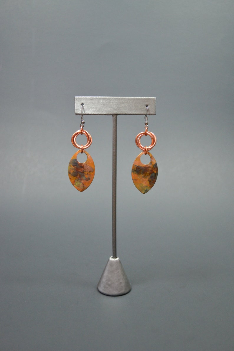 Phoenix Feather Bohemian Copper Earrings, Chainmail Long Copper Dangle Earrings, Colored Feather Earrings Copper, Metal Feather Earrings image 5