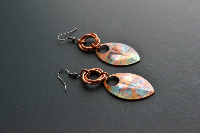 Phoenix Feather Bohemian Copper Earrings, Chainmail Long Copper Dangle Earrings, Colored Feather Earrings Copper, Metal Feather Earrings image 1