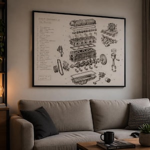 May include: A framed black and white technical illustration of an internal combustion engine exploded view, featuring detailed mechanical components and a numbered parts list on the left side, displayed as wall art above a neutral-toned sofa.