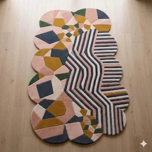 Alfombra redonda hecha a mano con flores de margarita, alfombra de entrada floral rojo rubí, alfombra botánica rosa y blanca, arte único para el suelo del jardín de primavera,