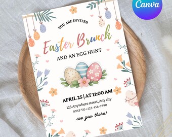 Invitación a la búsqueda de huevos de Pascua y brunch, moderna invitación digital floral de Evite para una reunión primaveral elegante y acogedora. Plantilla editable, descarga instantánea.