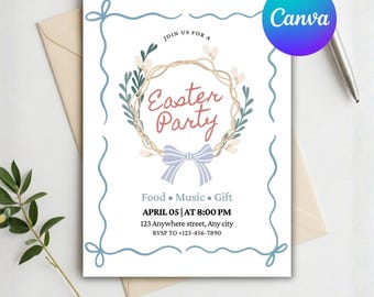 Plantilla editable de invitación para fiesta de Pascua, invitación con lazo para brunch de Pascua, fiesta de domingo pastel, búsqueda de huevos e invitación de primavera, descarga instantánea