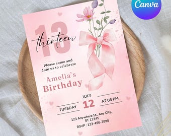 Invitación imprimible para el 13.º cumpleaños con lazo rosa - Invitación para fiesta de quince años, descarga digital