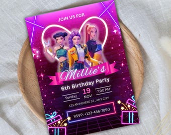 May include: A vibrant invitation for Millie's 6th birthday party. The design features three animated figures, a heart-shaped outline, and neon accents. The invitation includes the date, time, and RSVP information, all set against a purple and pink background.