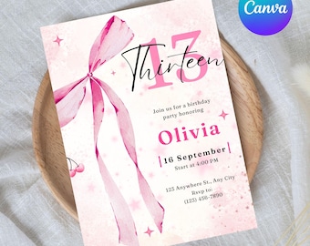 Invitación de cumpleaños número 13 para niñas con lazo coqueto, lazo coqueto rosa suave, plantilla digital de Evite, editable, descarga instantánea