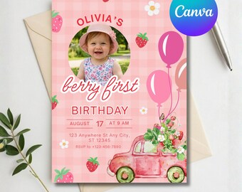 Invitación de primer cumpleaños con diseño de fresas, invitación de primer cumpleaños con diseño de fresas para niñas, invitación de fresas a cuadros rosas, primer cumpleaños de niña, descarga digital