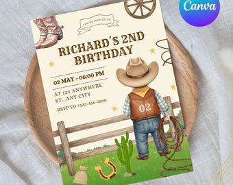 Plantilla de invitación para segundo cumpleaños de rodeo, invitación para dos fiestas del lejano oeste, decoración imprimible para segundo cumpleaños, invitación digital para segundo cumpleaños de niño y niña.