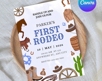 Invitación para mi primer cumpleaños de rodeo, invitación para la primera fiesta de rodeo de niño con temática vaquera, plantilla imprimible del oeste, editable, descarga instantánea