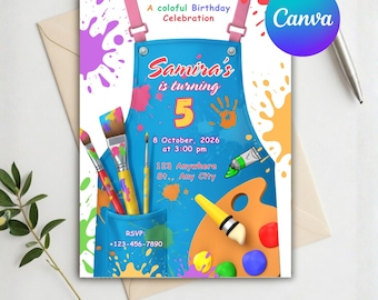 Plantilla editable de invitación para fiesta de pintura en Canva, cumpleaños con arte de arcoíris pastel, invitación para pintar y celebrar.