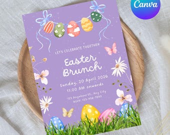 Brunch moderno de Pascua 2026, plantilla de invitación para la búsqueda de huevos, brunch de primavera pastel de Evite para la familia, evento de fiesta en la iglesia para reuniones
