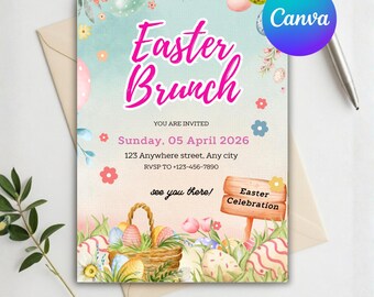 Invitación imprimible para brunch de Pascua, fiesta navideña, tarjeta para reunión familiar, celebración de primavera, archivo PDF editable, descarga instantánea
