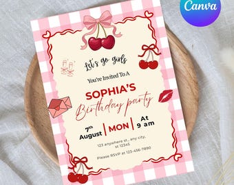 Invitación de cumpleaños de cereza con lazo, plantilla editable de Canva, descarga digital imprimible