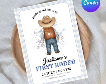 Invitación para el primer cumpleaños de rodeo, invitación editable para el primer rodeo, mi primera fiesta de cumpleaños de rodeo, invitación de cumpleaños de vaquero o vaquera del oeste