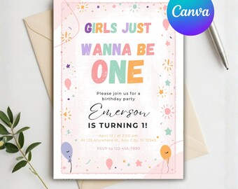 Chicas solo quieren ser una, plantilla editable de invitación de cumpleaños para niña, invitación infantil colorida, invitación moderna de cumpleaños infantil, descarga instantánea