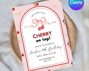 Plantilla de invitación para fiesta de cumpleaños de cerezas para el décimo cumpleaños, tarjeta de invitación de frutas editable e imprimible, temática roja retro para niños y adultos.