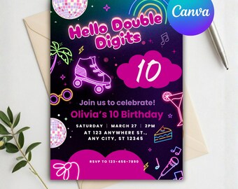 Invitación de cumpleaños número 10 de Hello Double Digits, décimo cumpleaños de niña, Out My Single Digits Neon Glow Décimo, editable en Canva