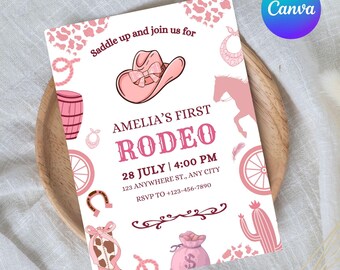 Invitación editable para primer cumpleaños de rodeo para niña, plantilla de invitación para primer rodeo de vaquera, 5x7, descarga de Canva