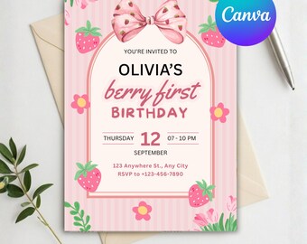 Invitación de primer cumpleaños con diseño de fresa para niña, invitación de primer cumpleaños con diseño de fresa, plantilla editable de primer cumpleaños con diseño de fresa, tarjeta de invitación con lazo rosa