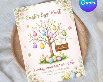 Invitación editable para fiesta de búsqueda de huevos de Pascua, invitación para fiesta de Pascua, temática de búsqueda de huevos, invitación floral primaveral, descarga instantánea