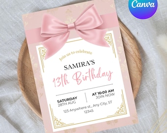 Plantilla de invitación de cumpleaños con lazo rosa coqueto, invitación editable para fiesta de niñas, imprimible para el 13.º cumpleaños, descarga instantánea en Canva.