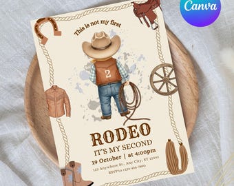 Invitación para el segundo cumpleaños de rodeo de un niño, invitación para mi segunda fiesta de rodeo, temática de vaqueros del oeste, plantilla editable e imprimible