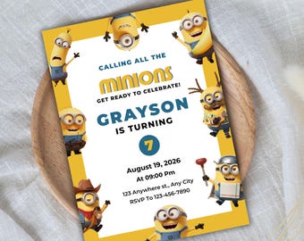 Redigerbar mall för Minions födelsedagsfestinbjudningar för pojkar och flickor, gult besättningsfödelsedagsinbjudningskort, mini-födelsedagsinbjudan
